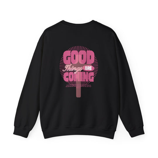 Good Things are Coming Crew sweatshirt with a classic fit and ribbed collar, made from a cozy polyester-cotton blend, offering comfort and durability.