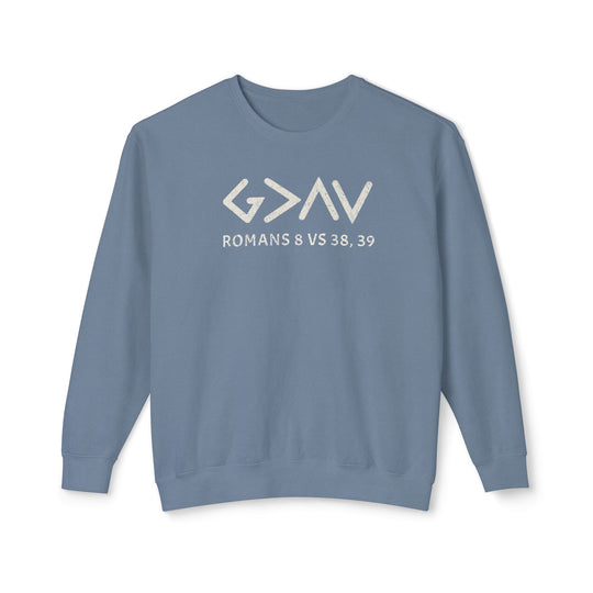 God is Greater Sweatshirt: Blue sweatshirt featuring white text, crafted from soft, ring-spun cotton with a relaxed fit and sustainable materials, perfect for casual style.