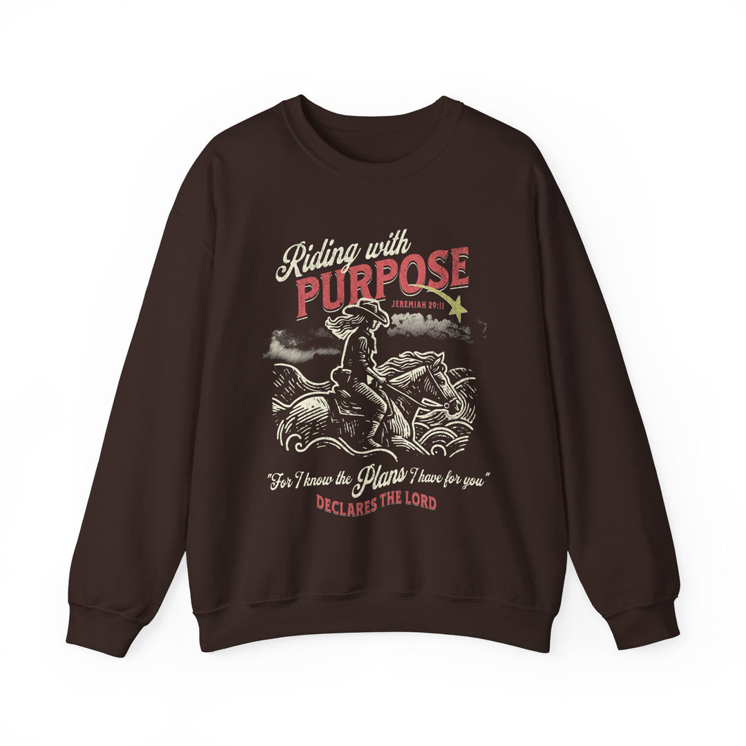 Riding for a Purpose Crew sweatshirt featuring a graphic of a cowboy on horseback, crafted from a comfortable polyester-cotton blend with a ribbed knit collar.