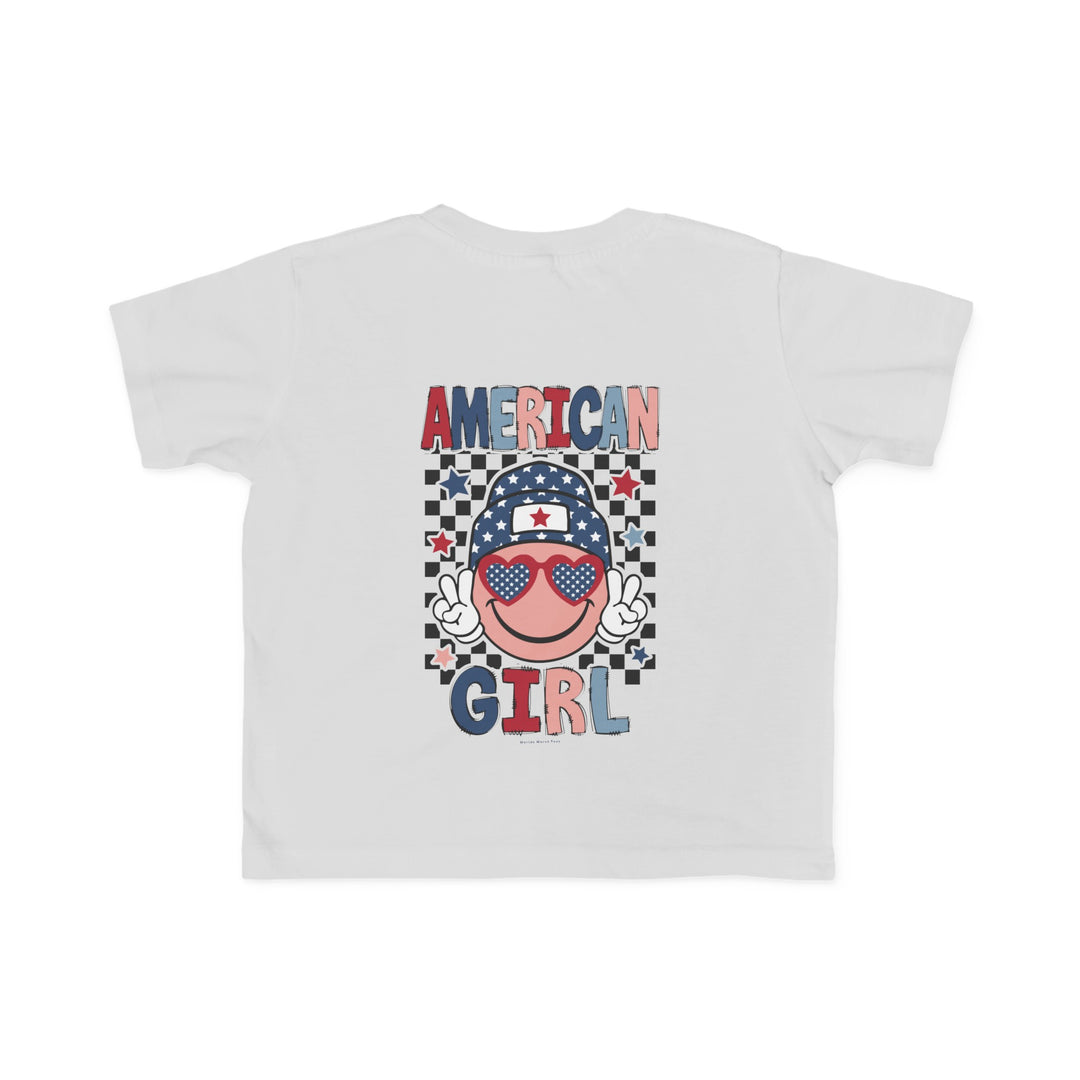 American Girl Toddler Tee featuring a cartoon face with sunglasses and a hat, perfect for sensitive skin. 100% combed ringspun cotton, light fabric, tear-away label, classic fit. Available in sizes 2T to 5-6T.