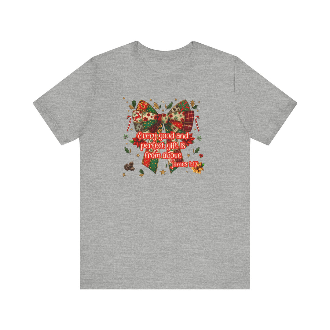 Heather-gray Gift from Above Tee featuring a festive bow with holiday motifs and a biblical quote, made from soft cotton for a comfortable fit.