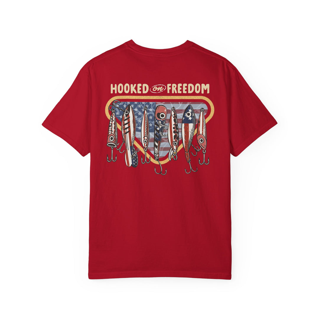 Back of 'Hooked on Freedom Tee' featuring patriotic fishing lures and slogan on a soft, relaxed fit red T-shirt from Faith Family Designs.