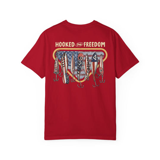 Back of 'Hooked on Freedom Tee' featuring patriotic fishing lures and slogan on a soft, relaxed fit red T-shirt from Faith Family Designs.