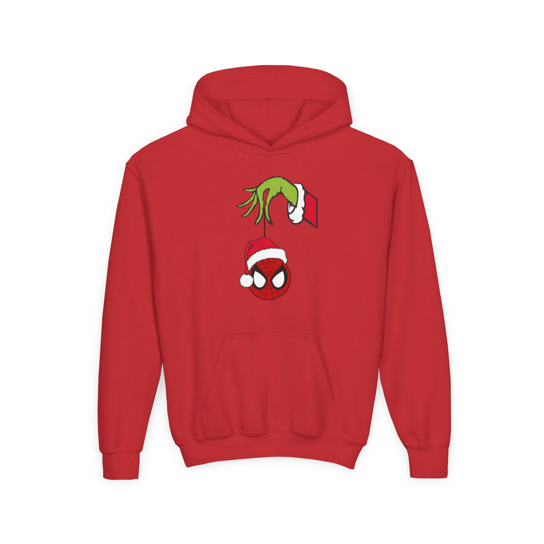 Spider Ball Christmas Youth Hoodie featuring a Grinch-inspired hand holding a Spider-Man ornament with a Santa hat. Made from soft fleece with a kangaroo pocket.