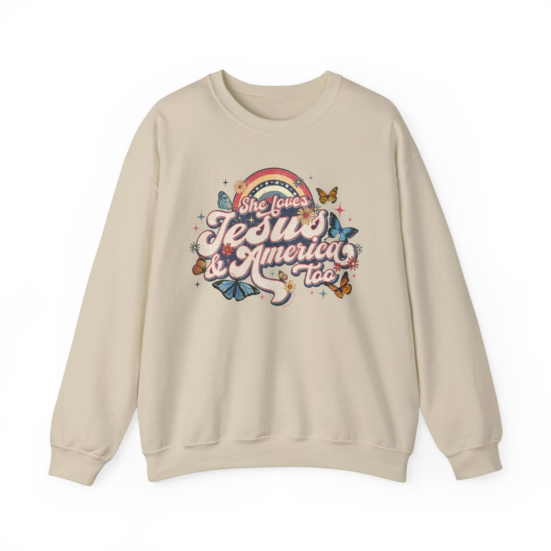 A white crewneck sweatshirt featuring a graphic design of butterflies and flowers, ideal for comfort in all situations. Unisex sizing, ribbed knit collar, and no itchy side seams. She Loves Jesus and America Crew.