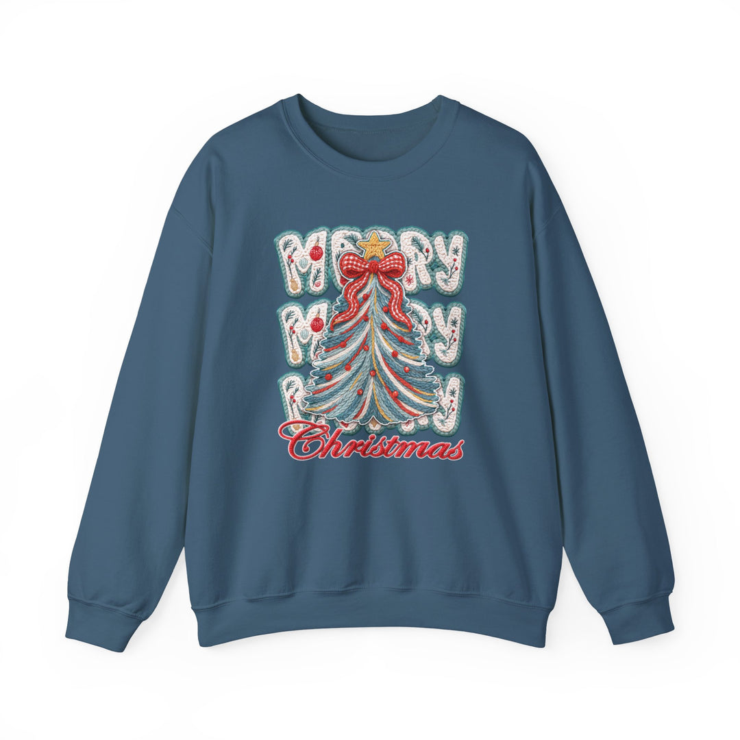 Merry Christmas Tree Crew sweatshirt features a festive embroidered Christmas tree with a gold star and red bow, surrounded by MERRY text in snowy font.