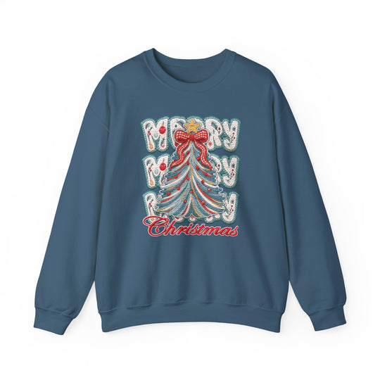 Merry Christmas Tree Crew sweatshirt features a festive embroidered Christmas tree with a gold star and red bow, surrounded by MERRY text in snowy font.