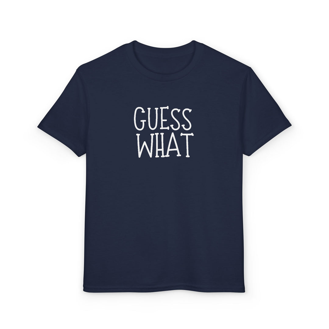 Navy blue Youth DryBlend® T-shirt with GUESS WHAT in white print, offering comfort and durability with a modern fit, perfect for active youth.