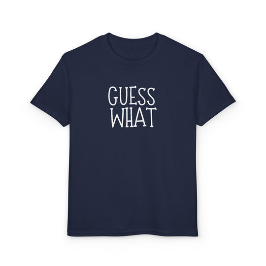Navy blue Youth DryBlend® T-shirt with GUESS WHAT in white print, offering comfort and durability with a modern fit, perfect for active youth.