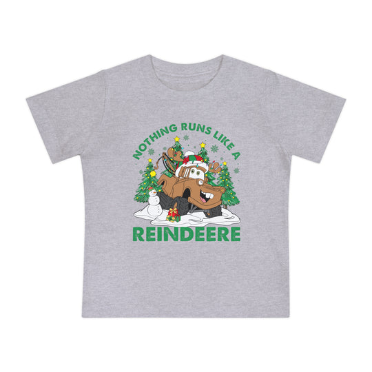 Reindeere Baby Tee featuring a cartoon tow-truck styled as a reindeer with festive decorations, perfect for baby's first steps in comfort and style.