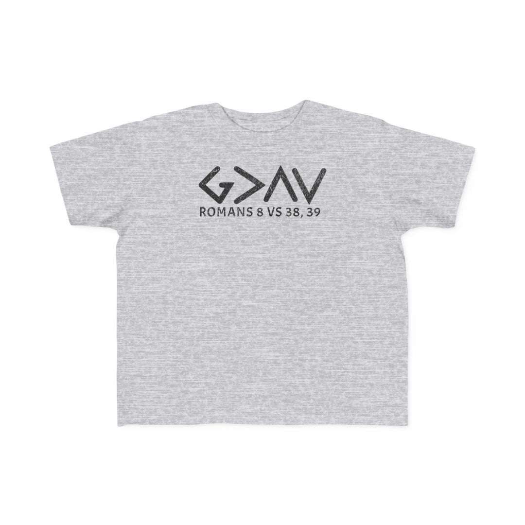 God is Greater Tee featuring black text on a grey toddler t-shirt, made from soft, 100% combed, ring-spun cotton. Ideal for sensitive skin.