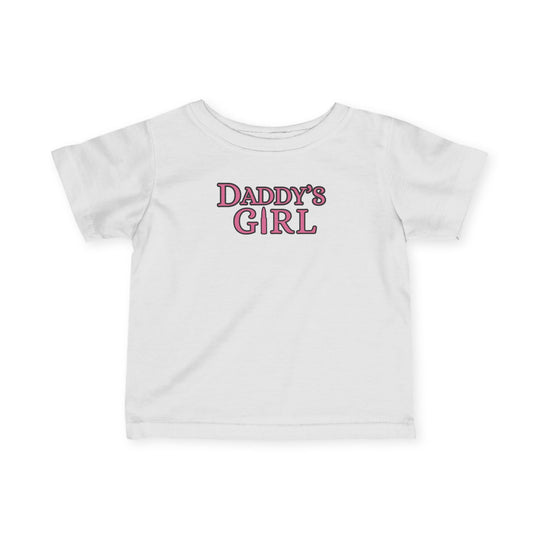 Close-up of the Daddy's Girl Baby Tee, a white infant jersey t-shirt with ribbed knitting, side seams, and taped shoulders for durability and comfort.