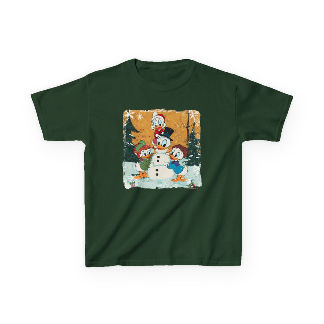 Duck Snowmen Kids Tee featuring Donald Duck and nephews building a snowman in a snowy forest, ideal for everyday wear and crafted from soft, durable cotton.