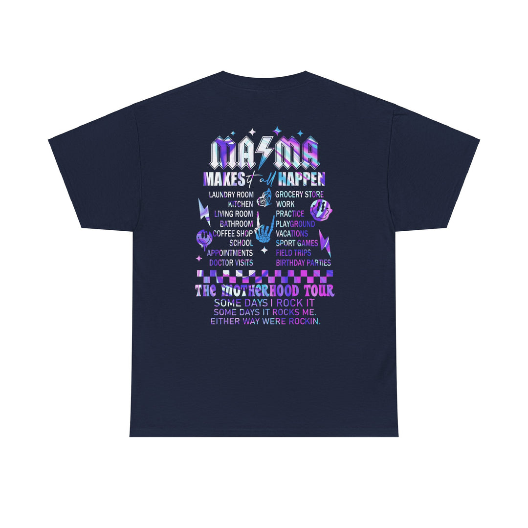 Unisex Ma/Ma Band Tee, a staple with no side seams for comfort. Ribbed knit collar, durable tape on shoulders, medium weight fabric, classic fit. Sizes S-5XL. Classic black tee with unique back design.