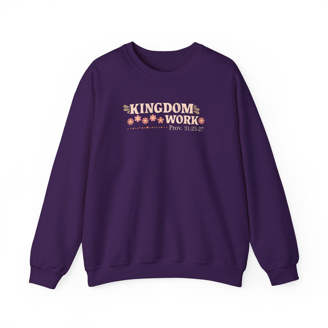 Motherhood Kingdom Work Crew sweatshirt featuring KINGDOM WORK and floral graphics, crafted from a cozy polyester-cotton blend with ribbed collar and seamless sides for comfort.