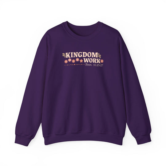 Motherhood Kingdom Work Crew sweatshirt featuring KINGDOM WORK and floral graphics, crafted from a cozy polyester-cotton blend with ribbed collar and seamless sides for comfort.