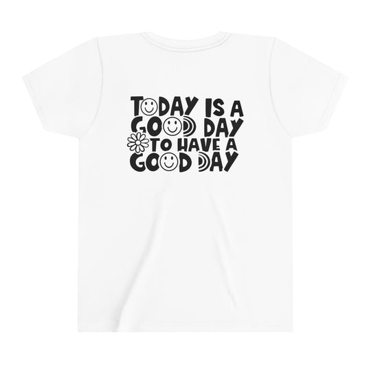 Youth short sleeve tee featuring a black and white text design on the back. Made of 100% Airlume combed cotton for comfort. Ideal for custom artwork display. Retail fit with tear away label.