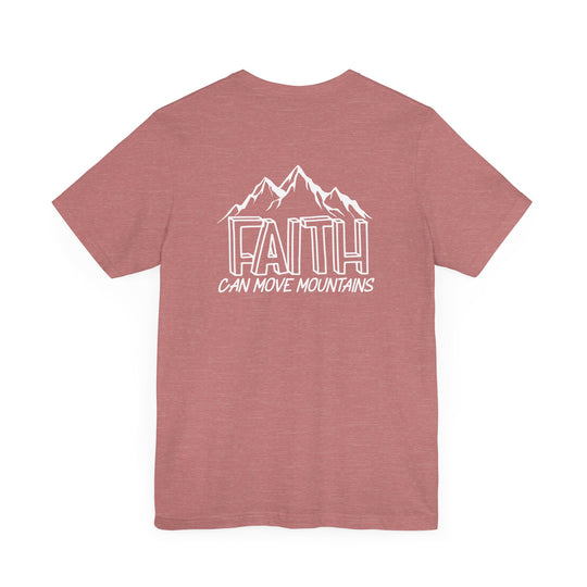 A red Faith Can Move Mountains Tee, back view. Unisex jersey shirt with ribbed knit collars, taping on shoulders, and dual side seams for shape retention. 100% Airlume combed cotton, light fabric, retail fit.