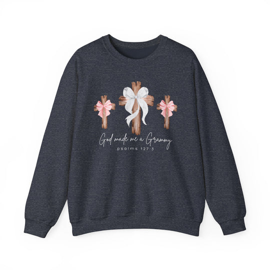 God Made Me a Grammy Crew sweatshirt featuring three wooden crosses with bows and “Psalms 127:3.” Crafted from poly-cotton blend for comfort and durability.