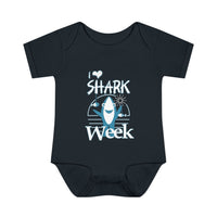 Infant unisex I Love Shark Week onesie, featuring soft, ring-spun cotton with lap shoulders for easy dressing, ideal for comfort and movement.