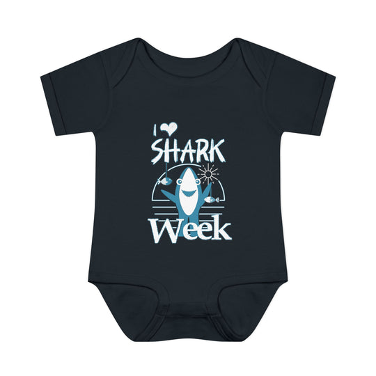 Infant unisex I Love Shark Week onesie, featuring soft, ring-spun cotton with lap shoulders for easy dressing, ideal for comfort and movement.