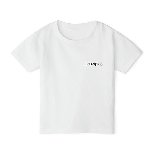 Fisher of Men Toddler Tee: Plain white T-shirt with Disciples printed on chest, made from 100% cotton for style and comfort.