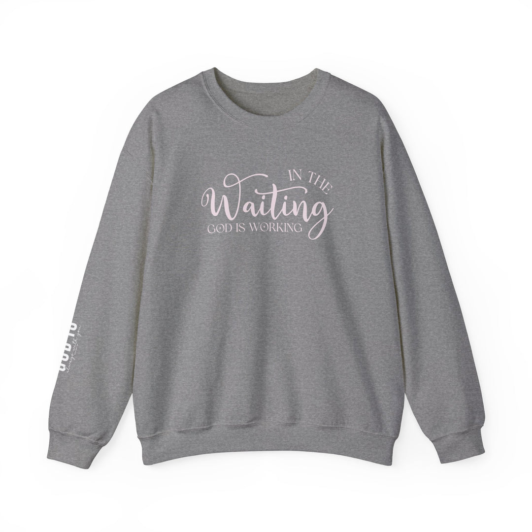 A comfortable unisex heavy blend crewneck sweatshirt, the God is Working Crew, features ribbed knit collar, no itchy side seams, 50% cotton, 50% polyester, loose fit, medium-heavy fabric, and runs true to size.