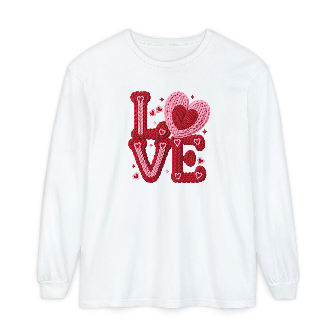 Love Heart Long Sleeve Tee with chunky yarn-style LOVE graphic, featuring a heart replacing the O and surrounding accents, made from soft 100% ring-spun cotton.