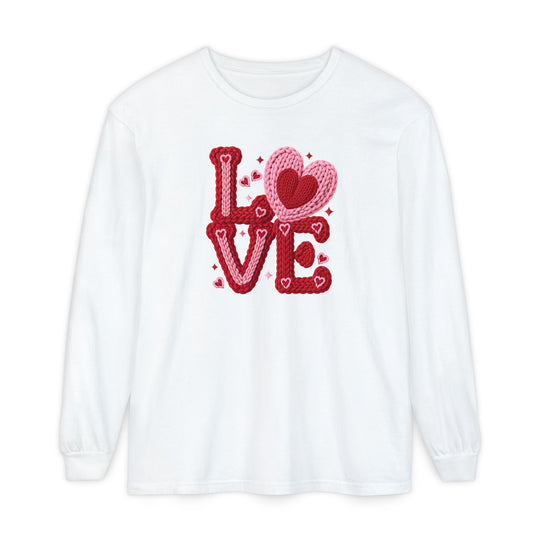 Love Heart Long Sleeve Tee with chunky yarn-style LOVE graphic, featuring a heart replacing the O and surrounding accents, made from soft 100% ring-spun cotton.
