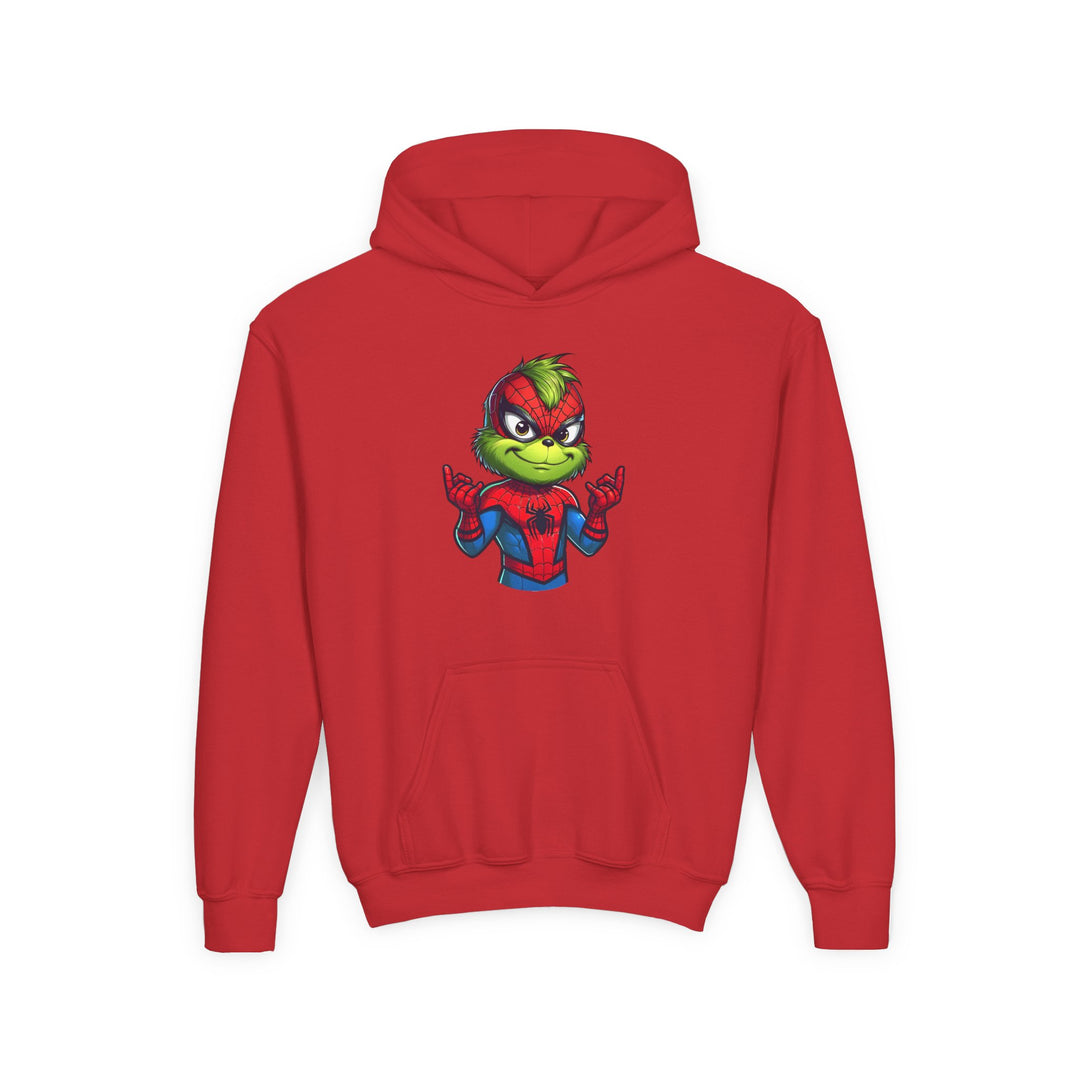 Christmas Spider Youth Hoodie featuring a unique Grinch-Spider-Man mash-up graphic, red color, with a kangaroo pocket and ultra-soft, preshrunk fleece fabric.