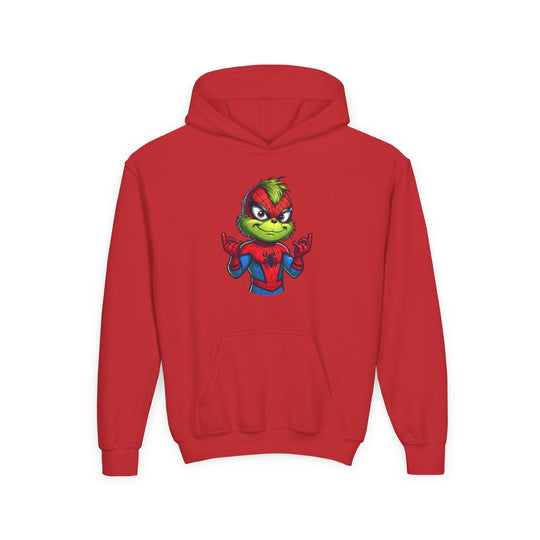Christmas Spider Youth Hoodie featuring a unique Grinch-Spider-Man mash-up graphic, red color, with a kangaroo pocket and ultra-soft, preshrunk fleece fabric.