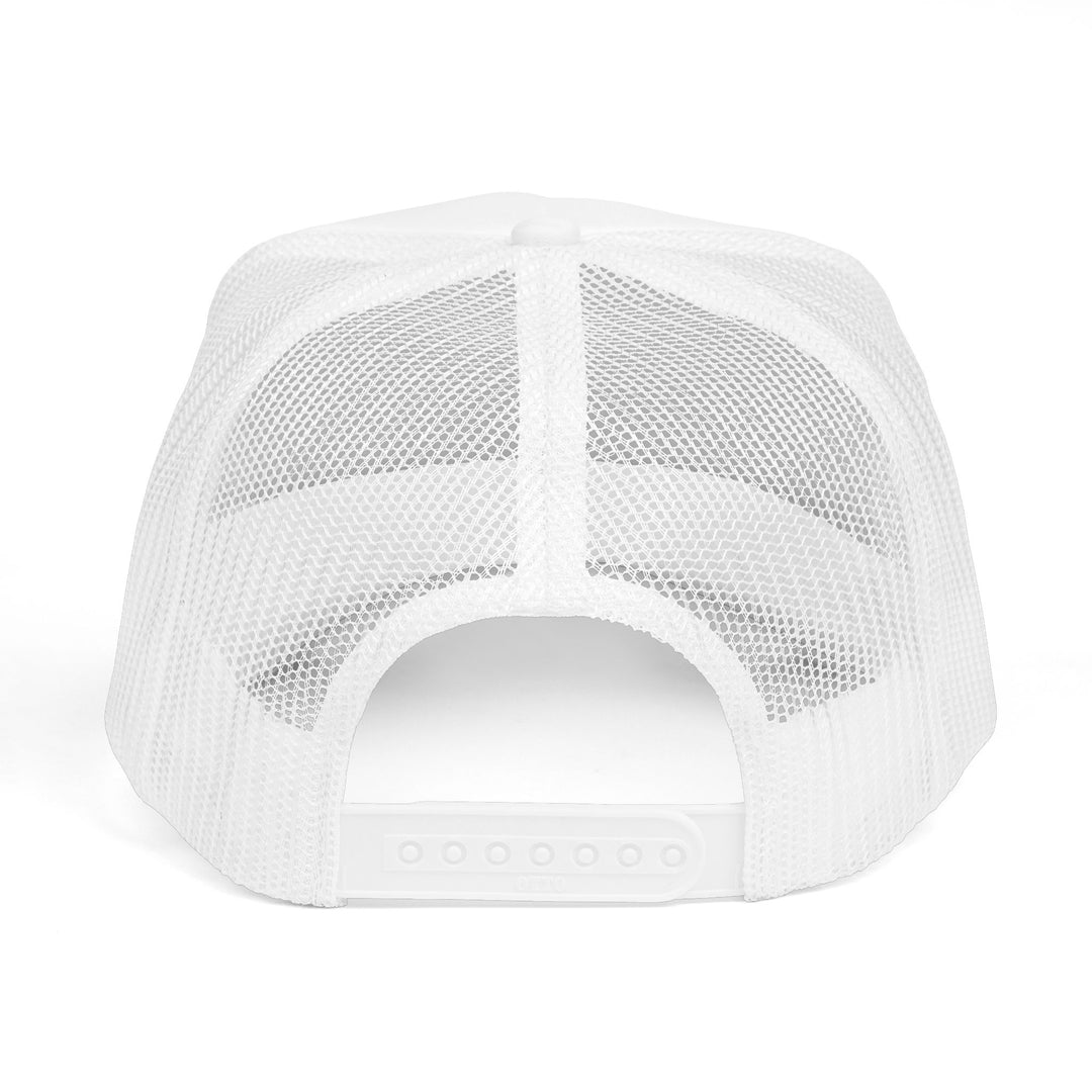 Back view of a Copy of Trucker Caps, showcasing its white mesh panels and adjustable plastic snap-closure strap, designed for durability and customization.