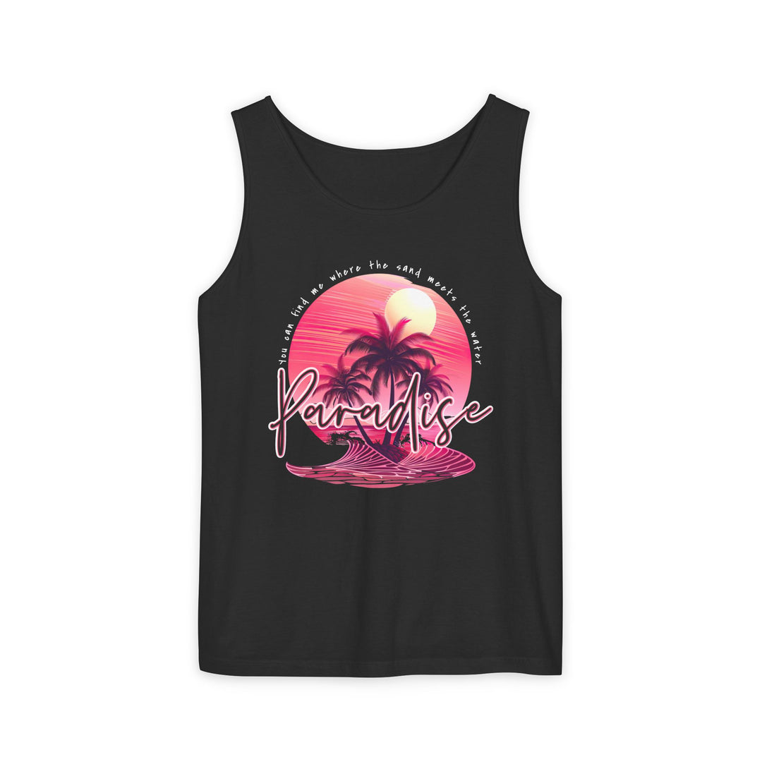 Paradise Tank Top made from 100% ring-spun US cotton, featuring a relaxed fit, highlighting sustainable practices and vibrant, eco-friendly dyes.
