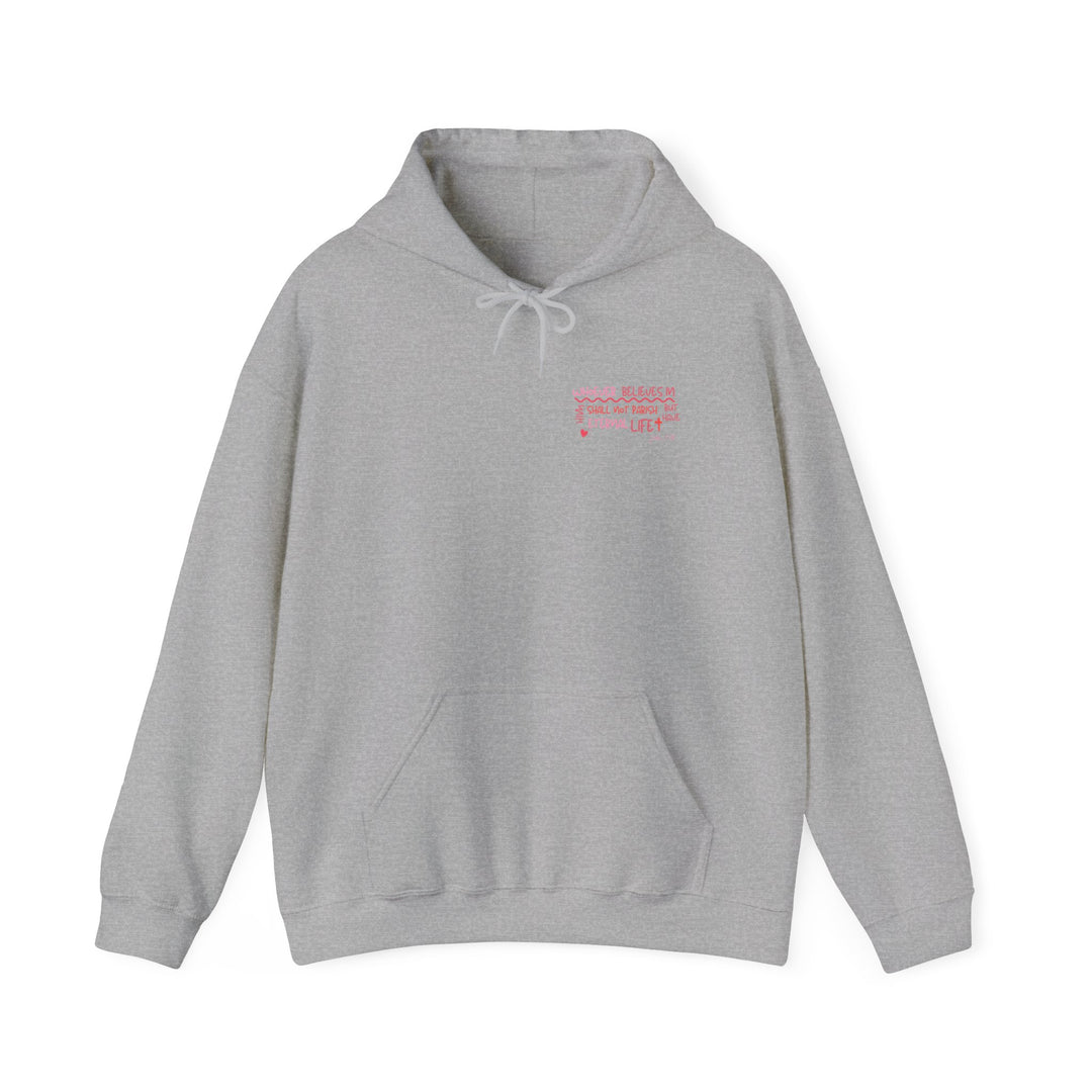 A John 3:16 Hoodie, a cozy unisex blend of cotton and polyester, featuring a kangaroo pocket and matching drawstring hood. Perfect for chilly days. Classic fit, tear-away label, true to size.