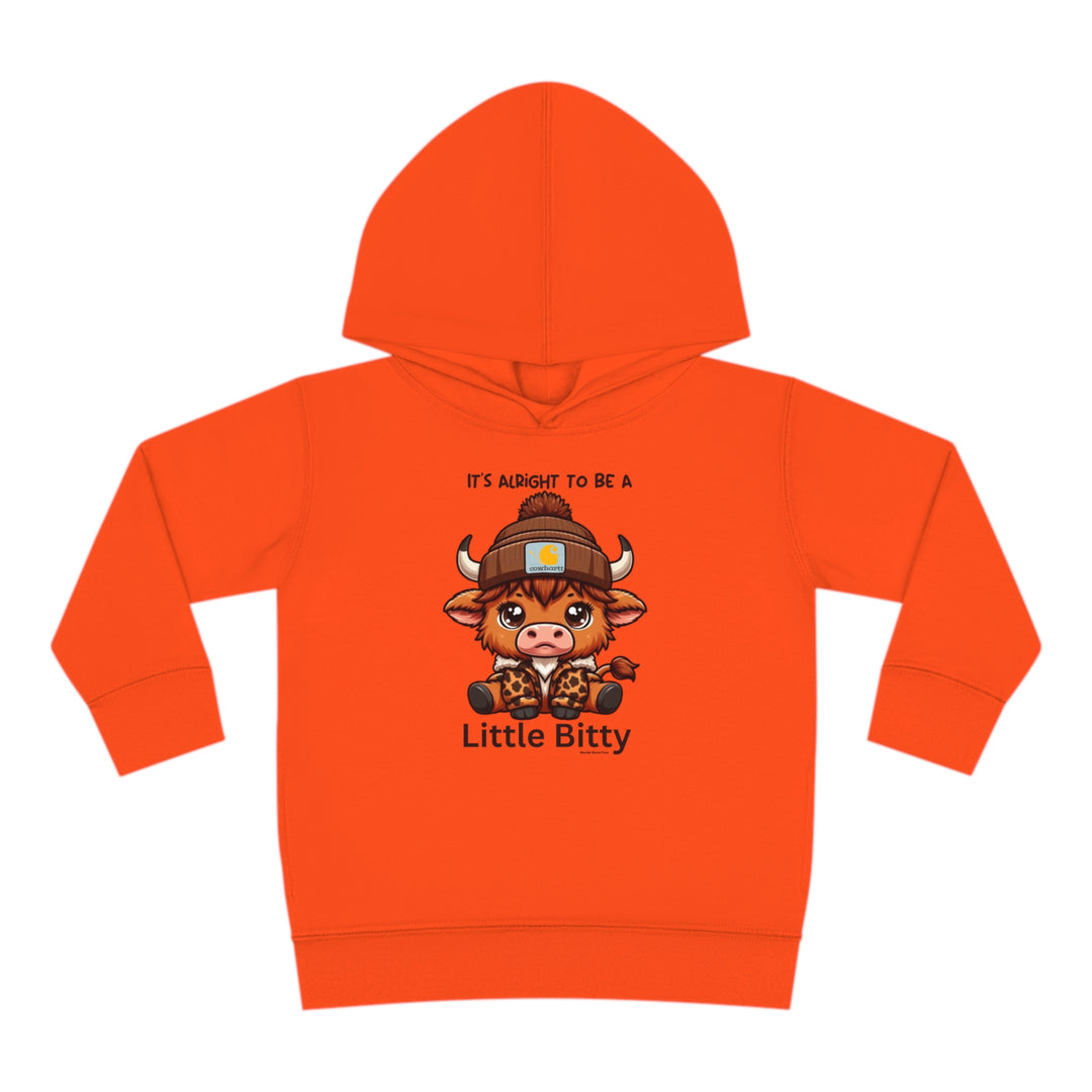 Little Bitty Toddler Hoodie featuring a cartoon cow design, jersey-lined hood, and side seam pockets for cozy durability. Perfect for kids seeking comfort and style.