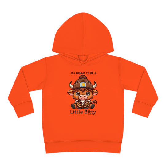 Little Bitty Toddler Hoodie featuring a cartoon cow design, jersey-lined hood, and side seam pockets for cozy durability. Perfect for kids seeking comfort and style.