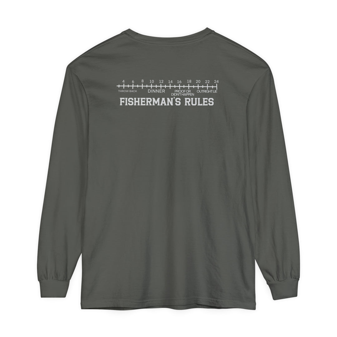 A Lucky Bones Fishing Club Long Sleeve Tee in grey with white text, featuring a relaxed fit and 100% ring-spun cotton for softness and style. Perfect for casual comfort with a classic look.