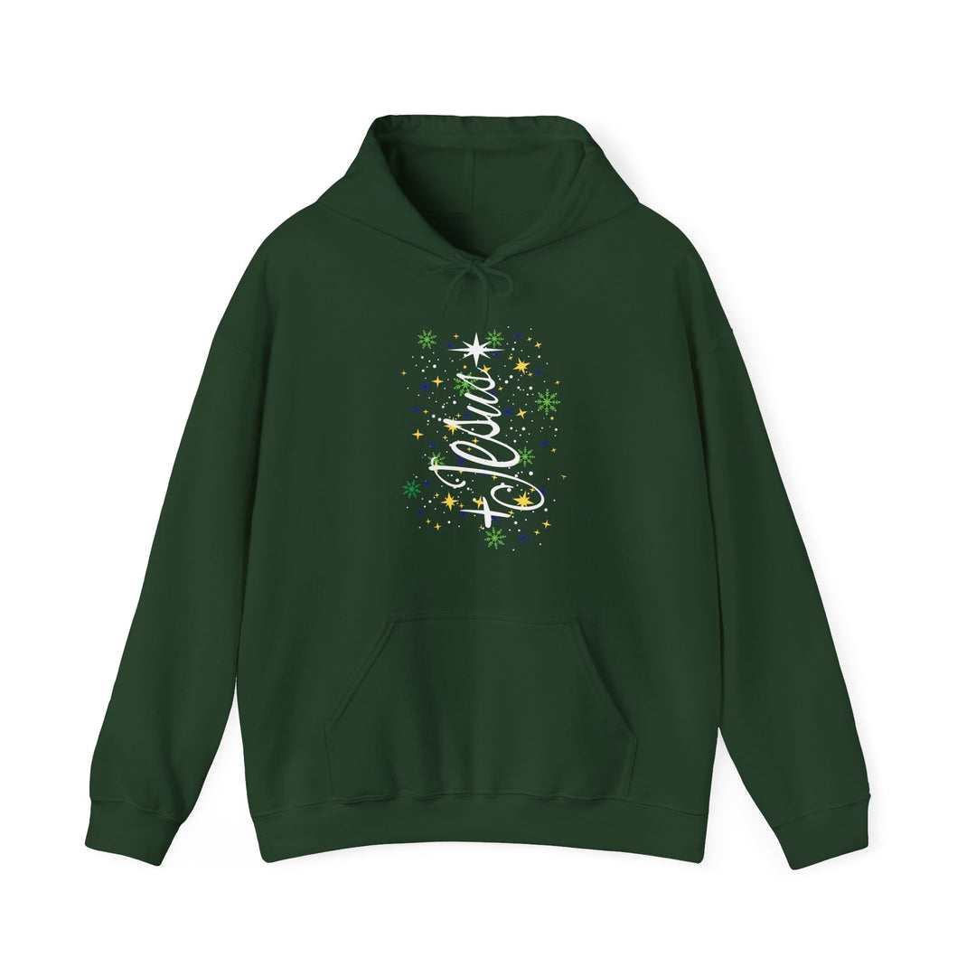 Dark-forest-green Jesus Tree Hoodie with festive script O Jesus and starbursts, ideal for cold days, featuring a cozy cotton-polyester blend and kangaroo pocket.