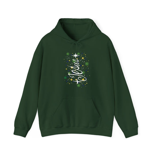 Dark-forest-green Jesus Tree Hoodie with festive script O Jesus and starbursts, ideal for cold days, featuring a cozy cotton-polyester blend and kangaroo pocket.