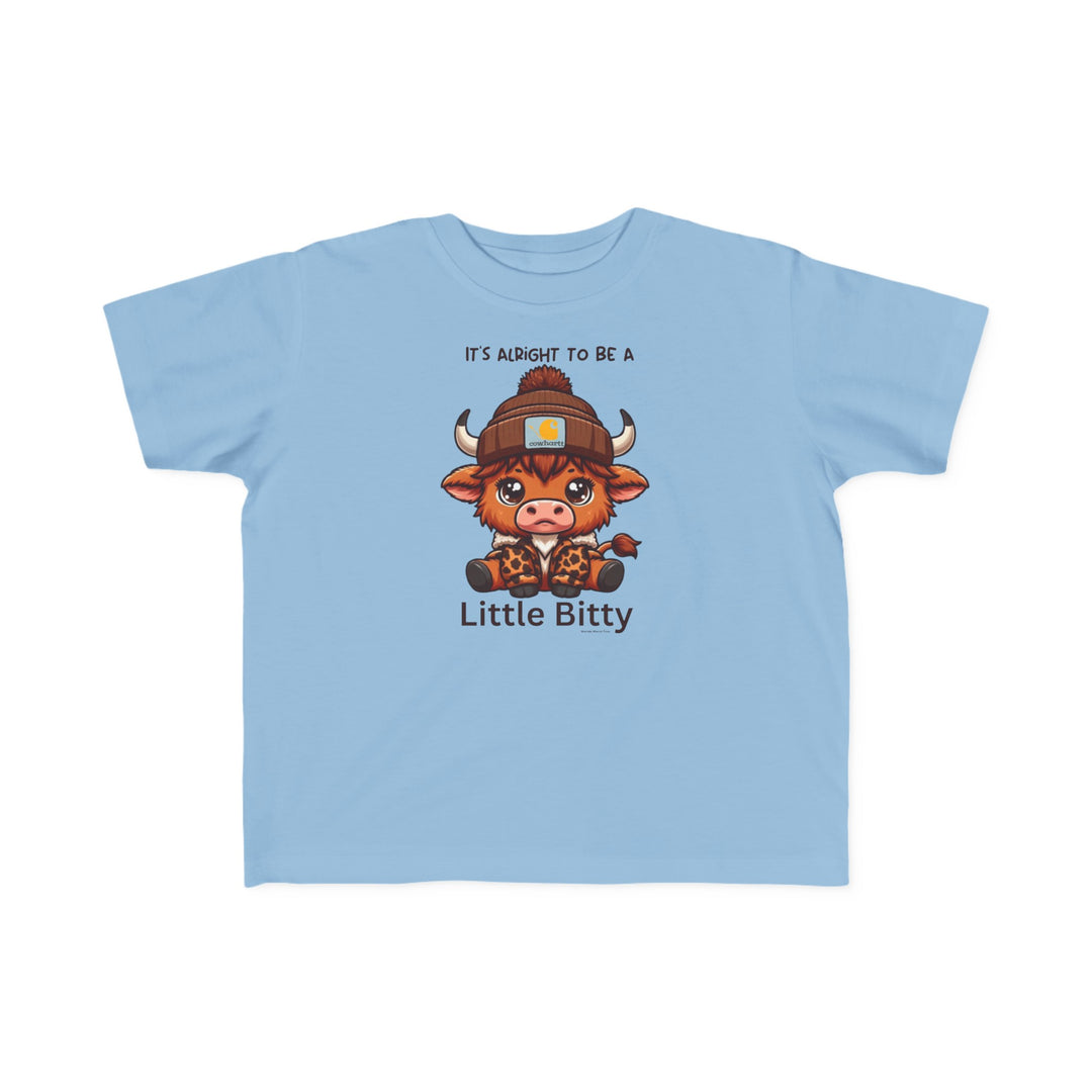Little Bitty Toddler Tee featuring a cartoon cow in a beanie. Soft 100% combed ringspun cotton, tear-away label, classic fit. Sizes 2T to 5-6T. Perfect for sensitive skin.