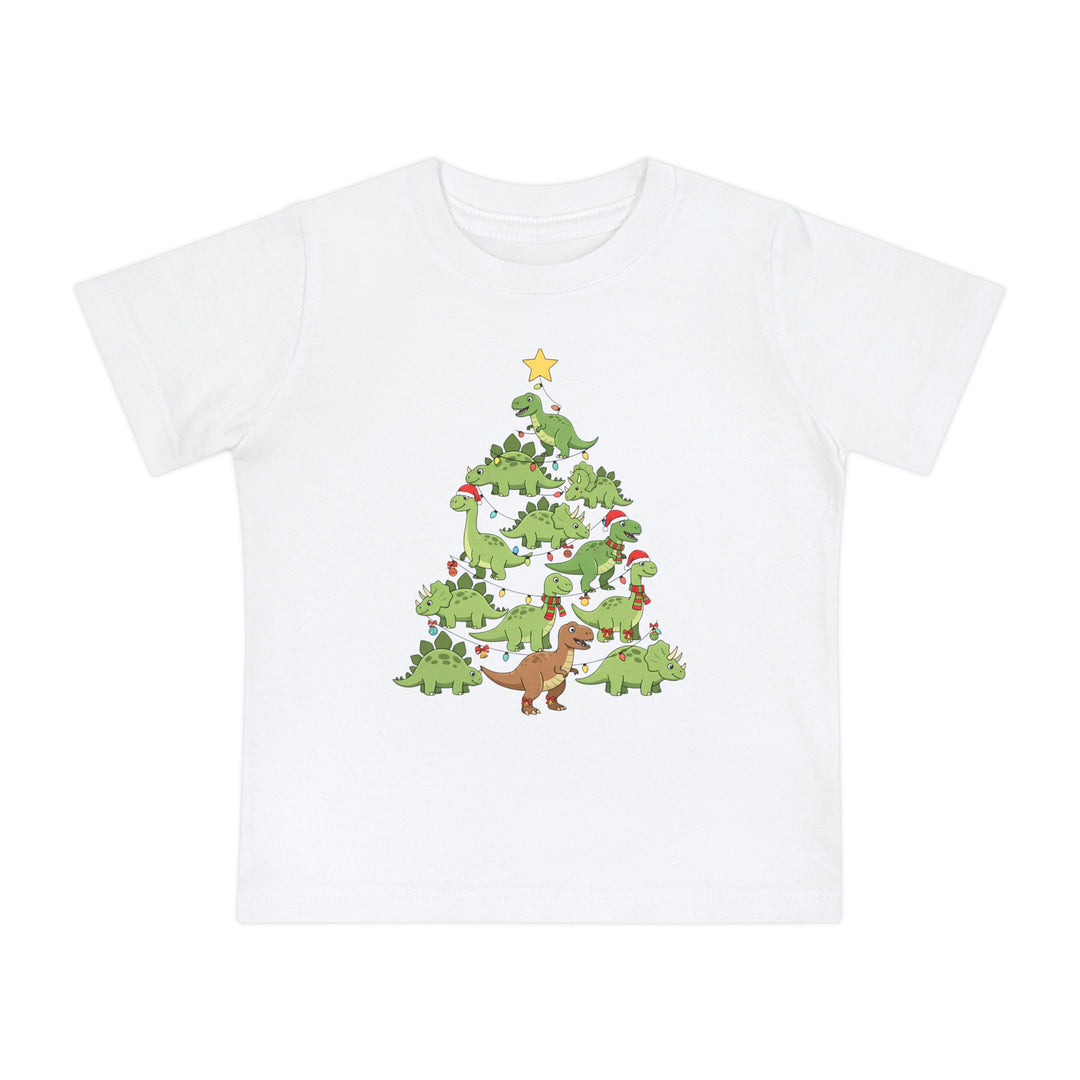 Dino Tree Baby Tee featuring cartoon dinosaurs as a Christmas tree, adorned with Santa hats, scarves, lights, and ornaments, perfect for stylish, comfortable baby wear.