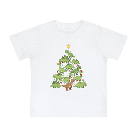 Dino Tree Baby Tee featuring cartoon dinosaurs as a Christmas tree, adorned with Santa hats, scarves, lights, and ornaments, perfect for stylish, comfortable baby wear.