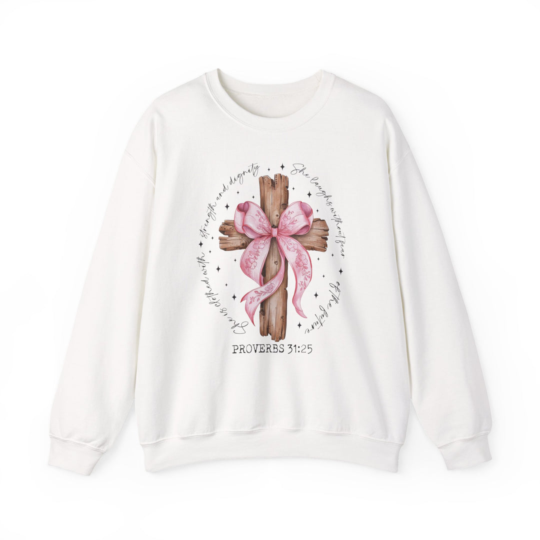 Proverbs 31:25 Crew: White sweatshirt featuring a wooden cross with a pink ribbon bow and Proverbs 31:25 quote, highlighting strength and dignity.