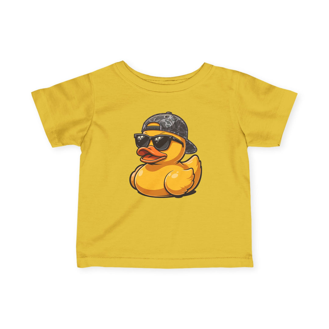 Ducky Baby Tee: Bright yellow infant T-shirt featuring a cartoon rubber duck with sunglasses and a backward camo cap, offering comfort and durability with 100% ring-spun cotton.