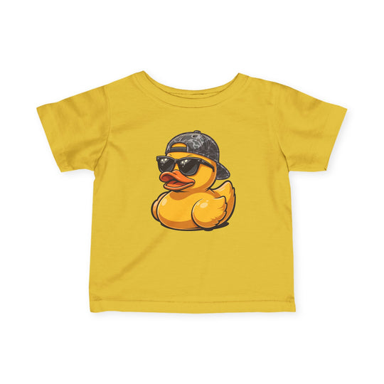 Ducky Baby Tee: Bright yellow infant T-shirt featuring a cartoon rubber duck with sunglasses and a backward camo cap, offering comfort and durability with 100% ring-spun cotton.