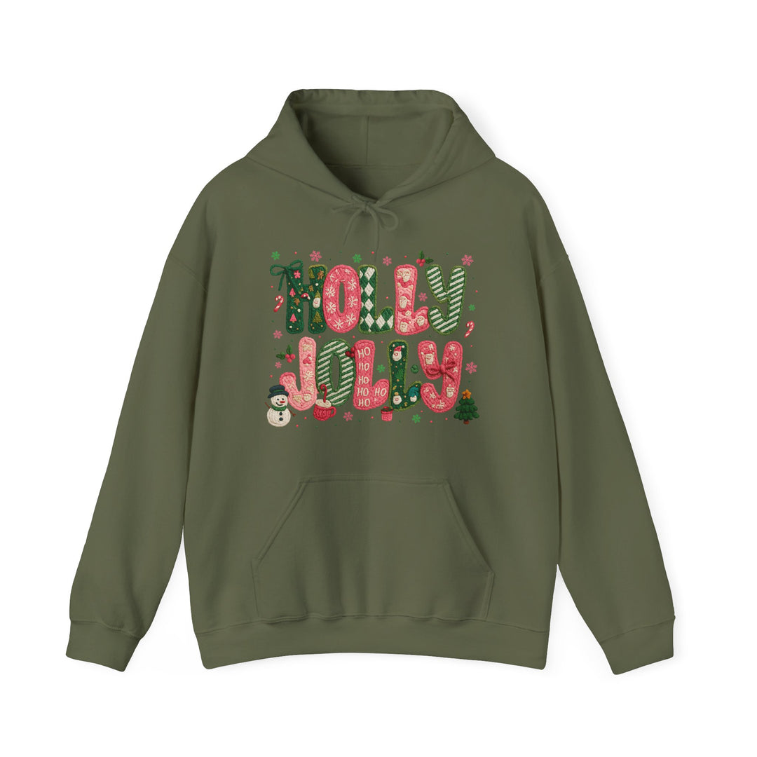 Olive-green Holly Jolly hoodie with festive candy-cane lettering, snowflakes, and Christmas accents, featuring a kangaroo pocket and drawstring hood.