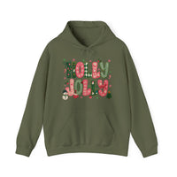 Olive-green Holly Jolly hoodie with festive candy-cane lettering, snowflakes, and Christmas accents, featuring a kangaroo pocket and drawstring hood.