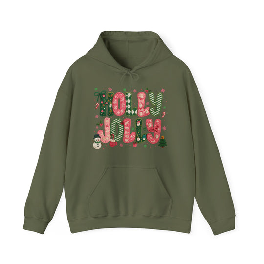 Olive-green Holly Jolly hoodie with festive candy-cane lettering, snowflakes, and Christmas accents, featuring a kangaroo pocket and drawstring hood.