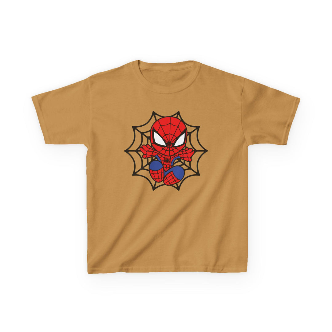 Mustard short-sleeve kids' tee featuring a cartoon Spider-Man in a spider-web outline, ideal for everyday wear, made from soft, durable cotton.