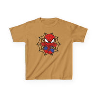 Mustard short-sleeve kids' tee featuring a cartoon Spider-Man in a spider-web outline, ideal for everyday wear, made from soft, durable cotton.